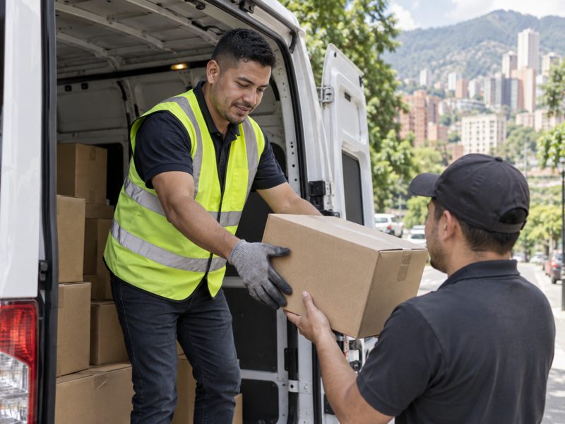 Auxiliar de ruta con chaleco entregando cajas desde una furgoneta de distribución (imagen ilustrativa)